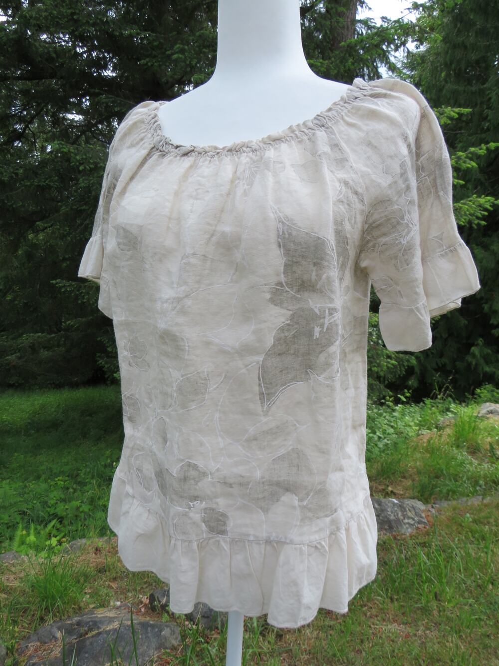 Terzo Millennio Women's Large Linen Cream Floral Blouse Italy Lagenlook Coastal